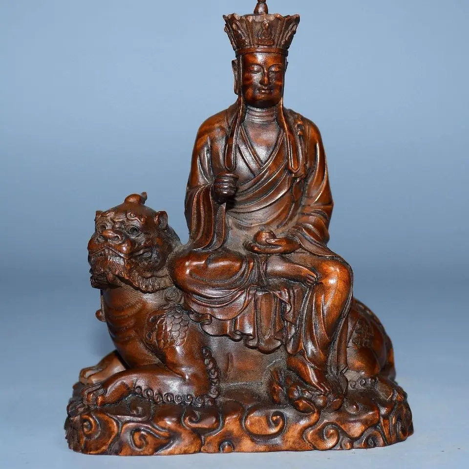 Hand Carved Wood Ksitigarbha bodhisattva riding a mythical beast  Statue Figurine Desktop Ornaments Home Decoration
