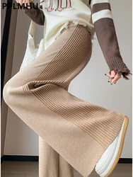 Side Pleated Knit Wide Leg Pants Women Casual Baggy High Waist Knitwear Pantalones New Soft Sweatpants Lace Up Straight Spodnie