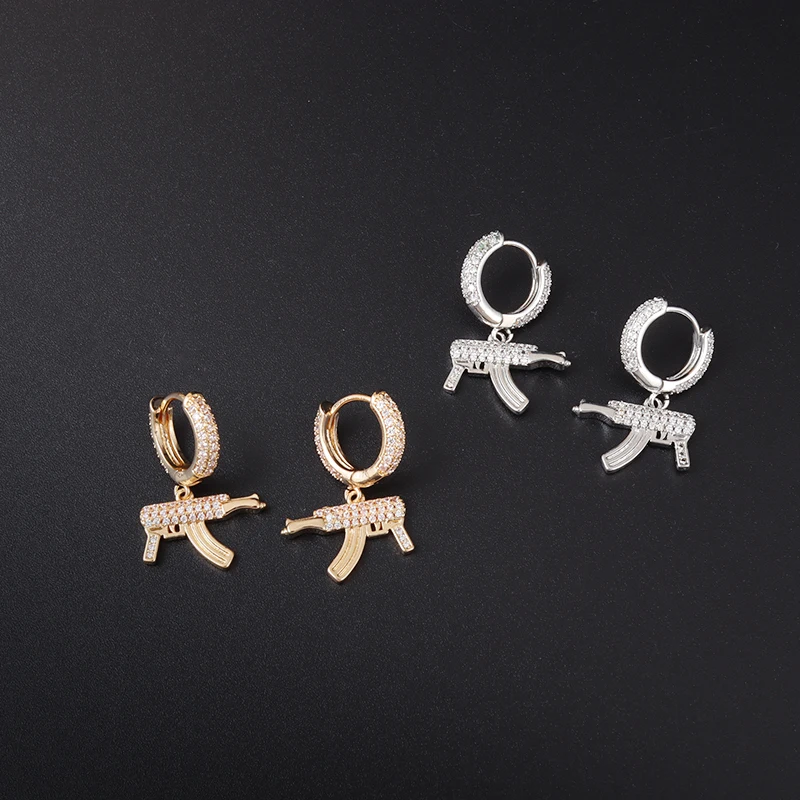 Hip Hop Style Ice Out Copper Cubic Zirconia Men's Gun Drop Earrings Hypoallergenic Earrings Jewelry Gifts image 3