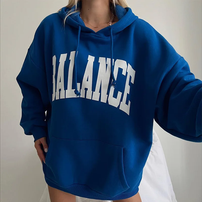 Fashion Front Pocket Letter Print Hoodies Women Clothing Autumn Winter Pullovers Outwears Loose Casual Hooded Long Sweatshirts