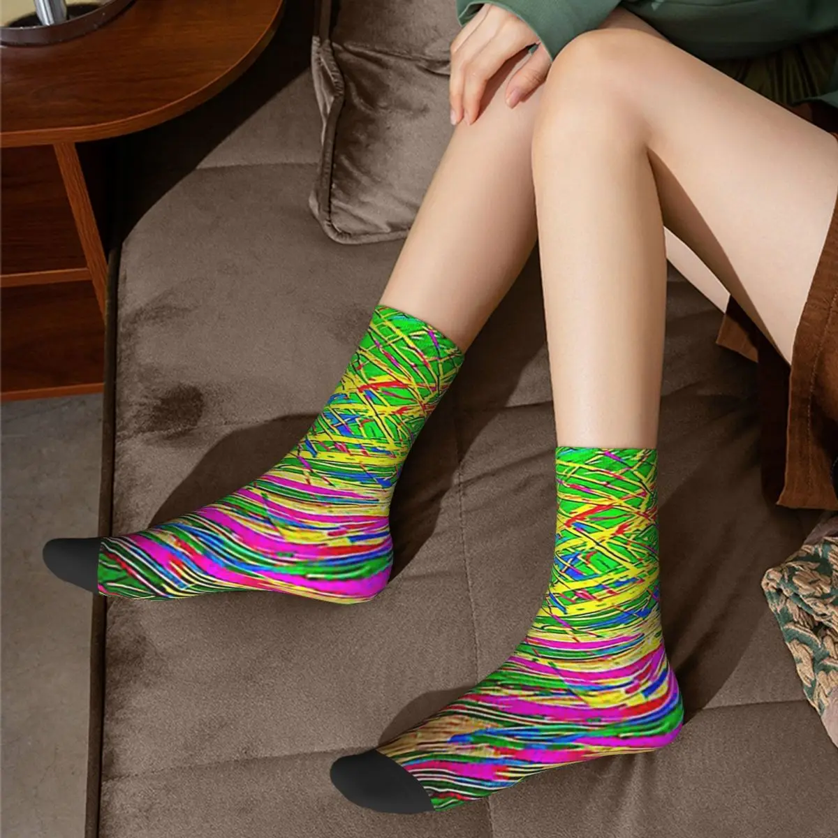 Chaussettes longues unisexes de couleurs néon, chaussettes Harajuku, lignes chaotiques, haute qualité, toutes saisons, accessoires pour cadeau d'anniversaire