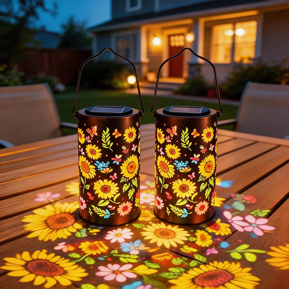 2PCS Colorful Sunflower Solar Lanterns Outdoor Waterproof Projection Hanging Solar Powered Garden Light Porch Lawn Pathway Decor
