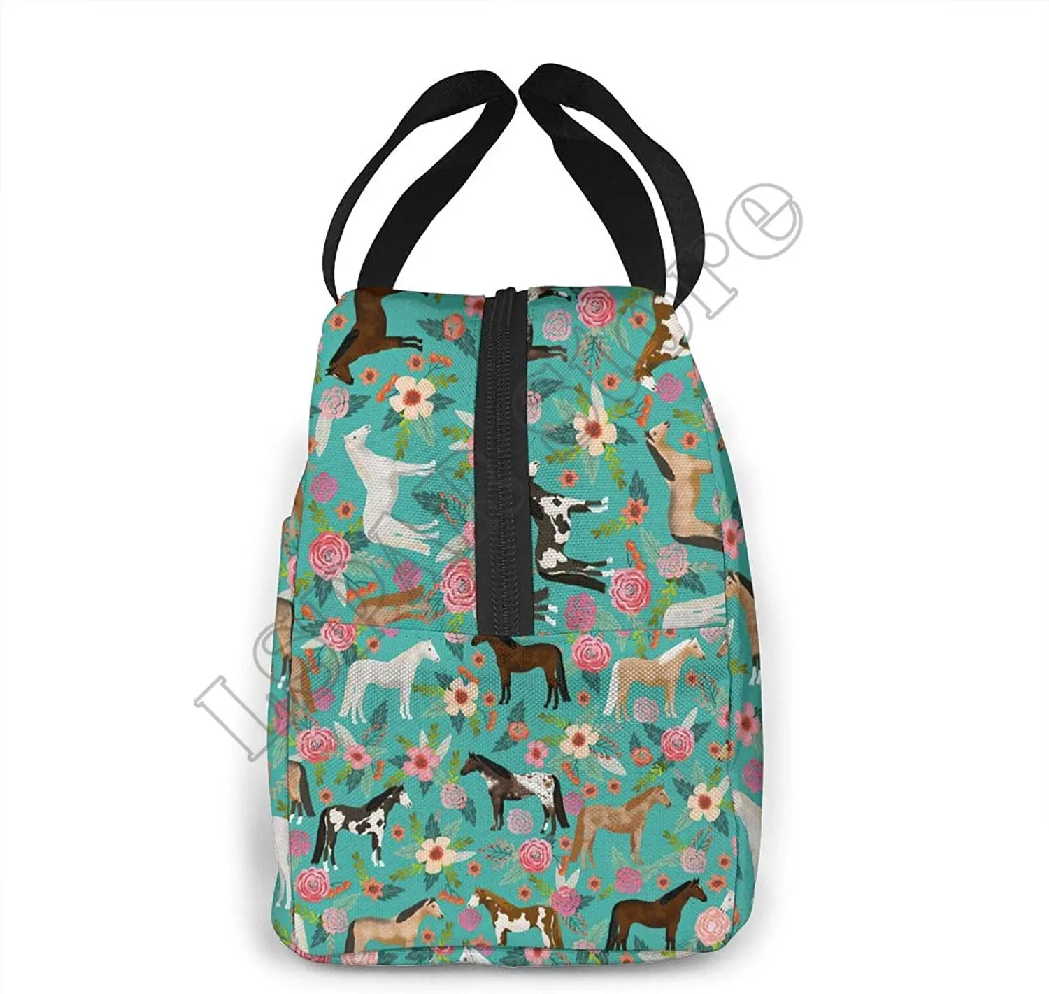 Horses And Flowers Lunch Bag Insulated Water-Resistant Tote Bag Reusable Lunch Box For Picnic Travel