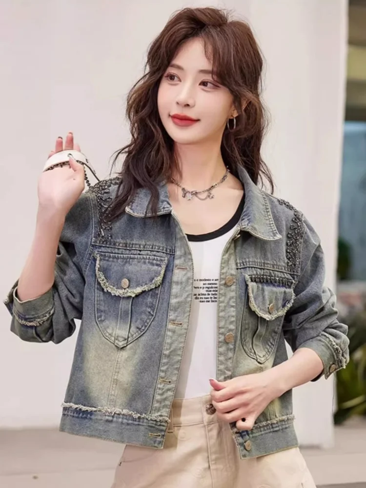 SMTHMA High-Quality Retro Fringed Luxury Pearl Denim Short Jacket Women\'s Clothing 2026 New Spring Autumn Casual Soft Jacket Top