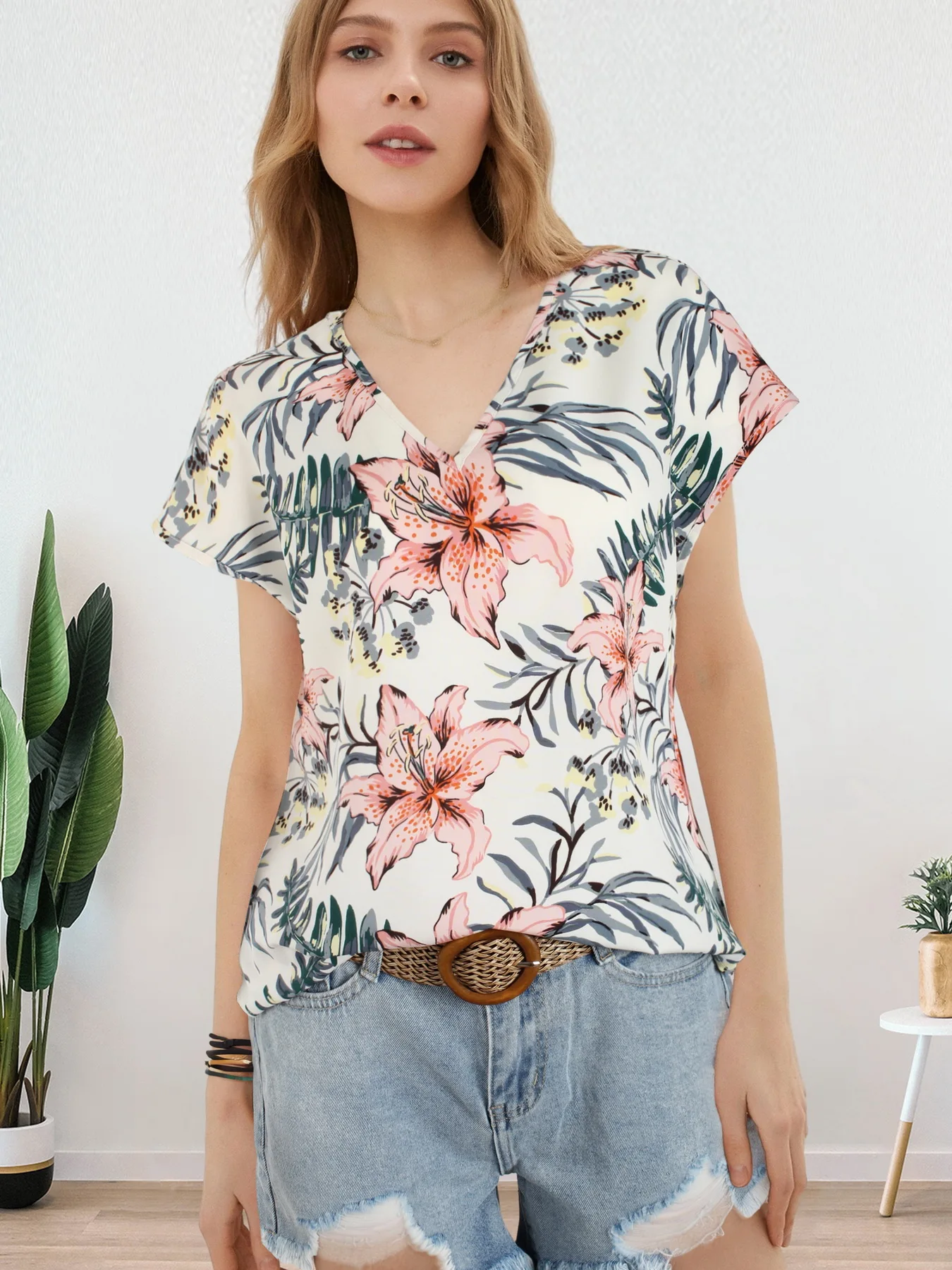 Women All Over Floral Print V Neck Batwing Sleeve Blouse Ladies Tops Shirts