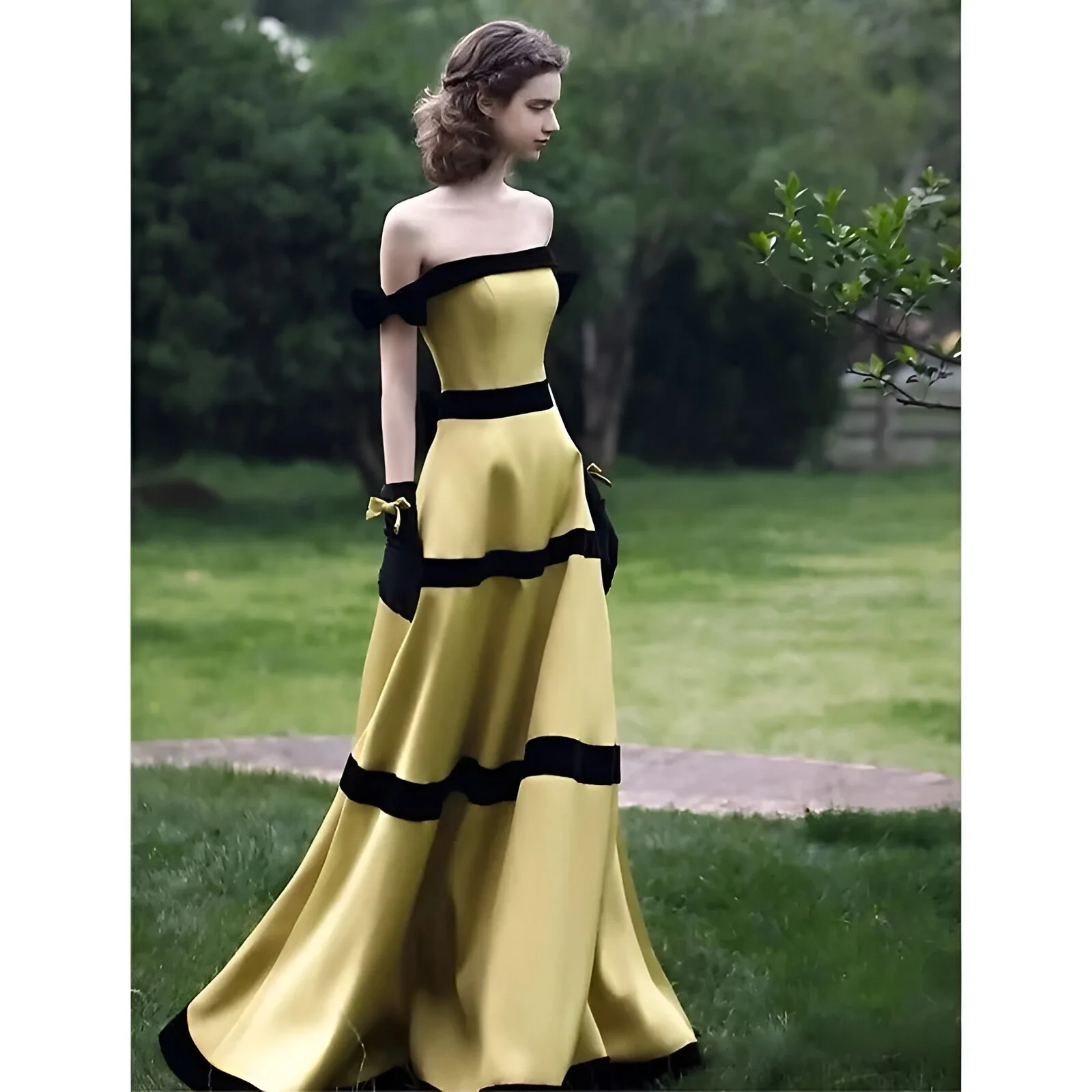 Elegant Yellow Evening Dresses Black Bow French Luxury Applique Strapless Pleated Toast Banquet Prom Party Gowns robes de soirée