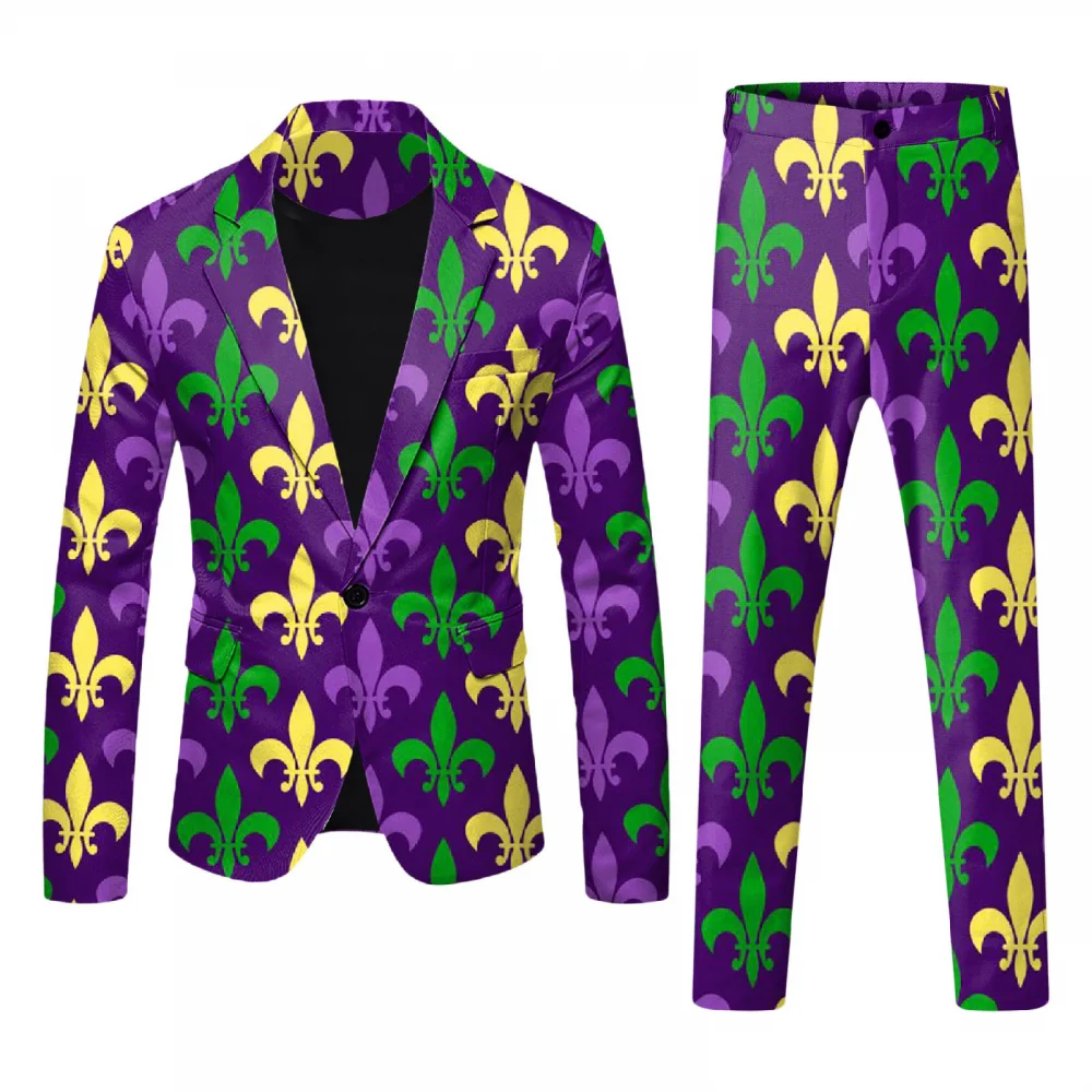 Mens 2 Piece Mardi Gras Casual Sweatsuits One Buttton Notched Lapel Party Floral Suit Jacket Dress Pants Suits Set