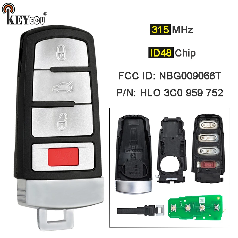 

KEYECU Remote Control Car Key 3+1 Buttons ASK 315MHz ID48 for VW Volkswagen Passat 2006-2013 CC 2009-2015 FCCID NBG009066T