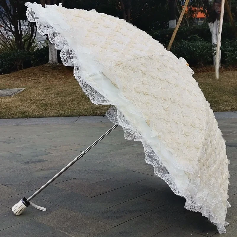 Lace Embroidered Umbrella, Black and White Coating Glue, UV Protection, Sunscreen, Two Folding Umbrella, Princess Sunny Umbrella