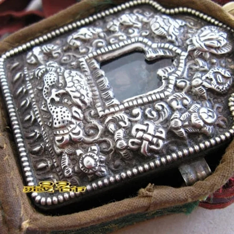 Auspicious Eight Treasures Of Dharma Instruments, Silver Gahu Box Pendant, Buddhist Shrine Accessory, Clay -Tsa Buddha St