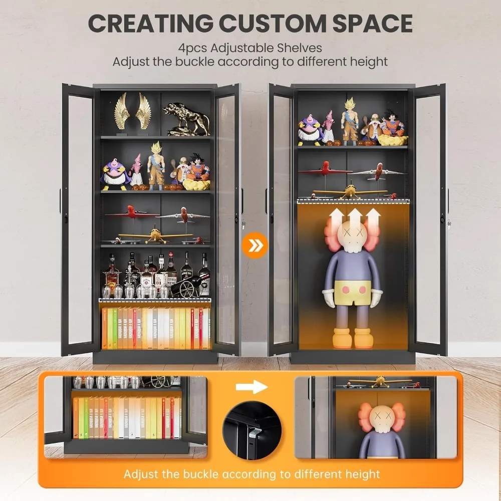 Tall Glass Door Metal Curio Cabinet with Adjustable Shelves, 71-Inch High Black Display Case for Liquor Cans