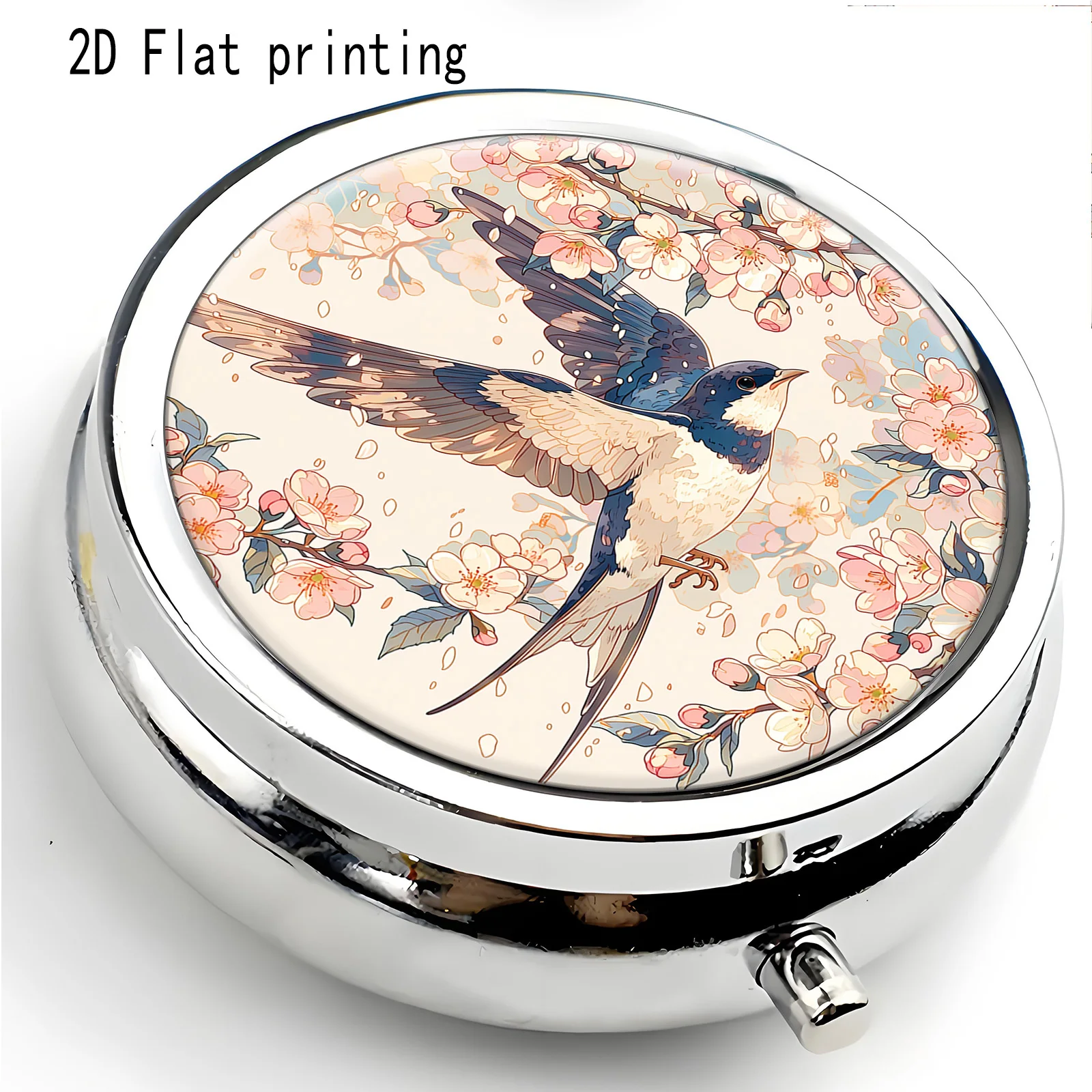 Single-piece cherry blossom decorative pattern three-compartment portable box, printed on one side in a flat design. Pill box storage case, suitable for use in purses or wallets, multifunctional small storage case for jewelry and medication, essential travel organizer, flat design