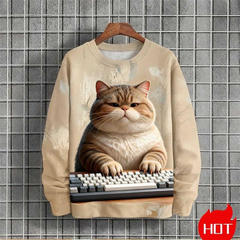 Fall Winter Men's O-neck Sweatshirts Funny Fat Cat Print Oversized Long Sleeve Man Pullover O Neck Casual Women Y2k Clothing