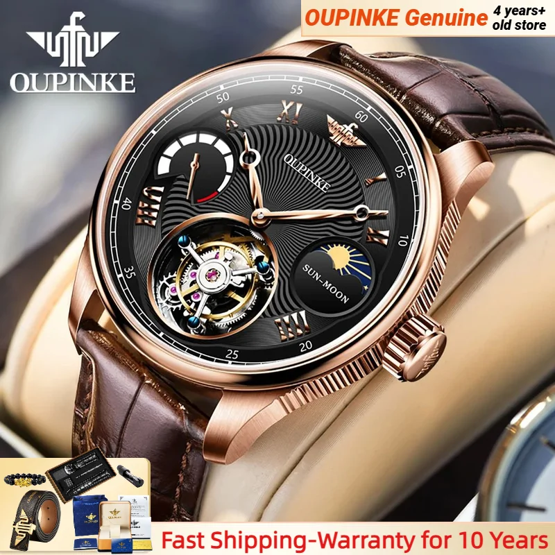 OUPINKE High-end Tourbillon Watch Man Moon phase Waterproof Original Leather Strap Automatic Mechanical Watches