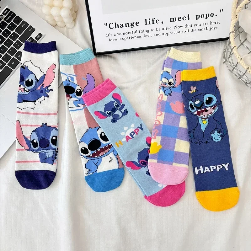 5 Pairs Harajuku Disney Stitich Pattern Men Women Cotton Mid-calf Crew Socks, Breathable Comfy Casual Socks for Autumn Winter