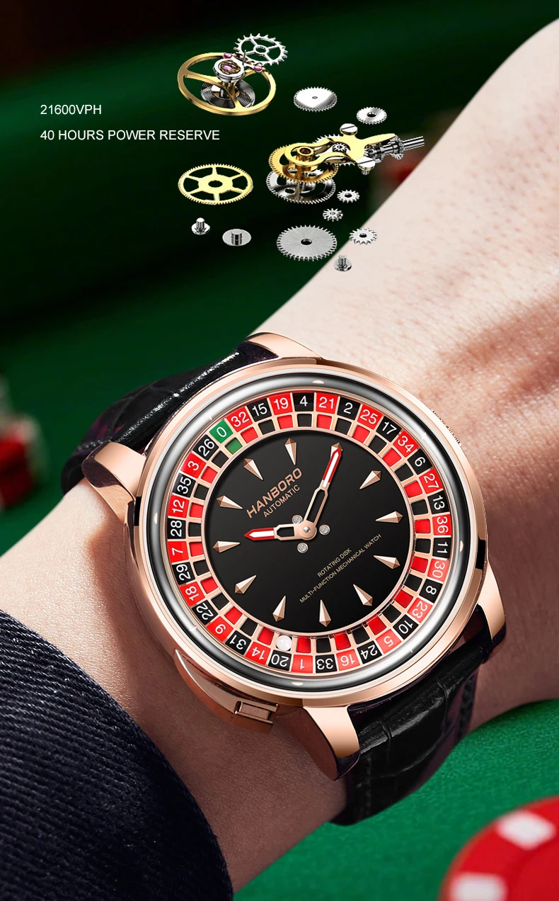 HANBORO Orologio automatico da uomo 46mm Orologio da polso meccanico di lusso Roulette Gioco Quadrante Vetro zaffiro Luminoso