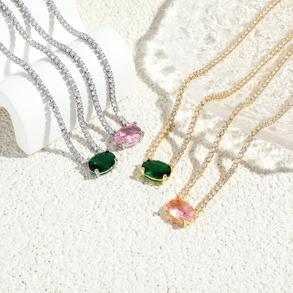 Fashion Pink Heart Zircon Necklace For Women Girls Silver Color Shiny Love Clavicle Tennis Chain Necklaces New Trend Jewelry