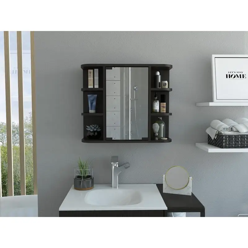 

Milan Medicine Cabinet with Mirror, 6 External Shelves, 3 Internal Shelves - Black Finish