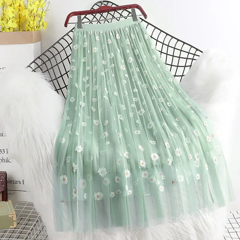 

Mesh Skirt Floral High Waist A- line Skirt 3 Layers Long Pleated Skirt Woman Skirts Mujer Faldas Saias Mulher