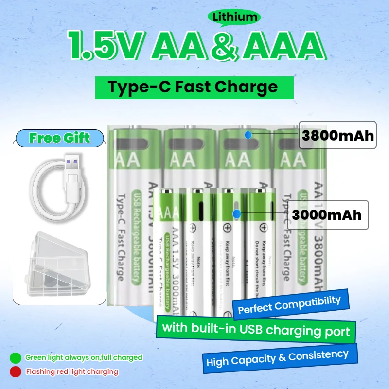 

USB-C Rechargeable AA AAA Li-ion Batteries Fast Charging for Wireless Mouse for RC Car for LED Lights for Toys and Controller