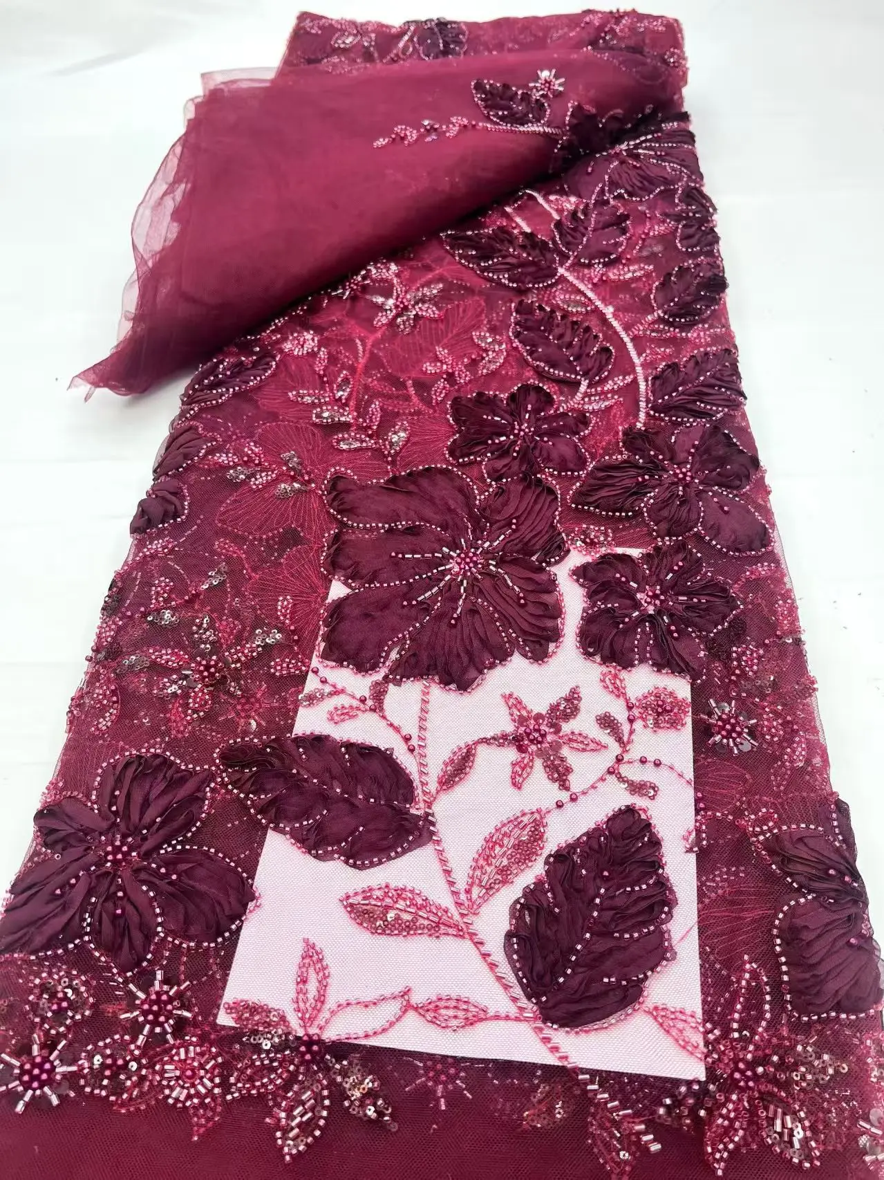 

High Quality African Lace Fabric 2025 French 3D Flower Red Sequins Embroidery Beads Tulle 5 Yard for Party Dress