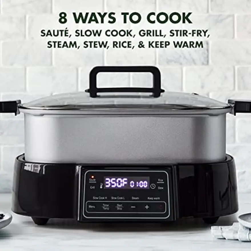 Stainless Steel 8-in-1 Skillet Grill & Slow Cooker, Presets to Saute Steam Stir-Fry and Cook Rice