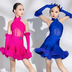 Vestidos de competición de baile latino para niños, Chacha, Samba, Rumba, vestido de baile latino con cuello Halter, disfraces de actuación de escenario para niños, SL9982