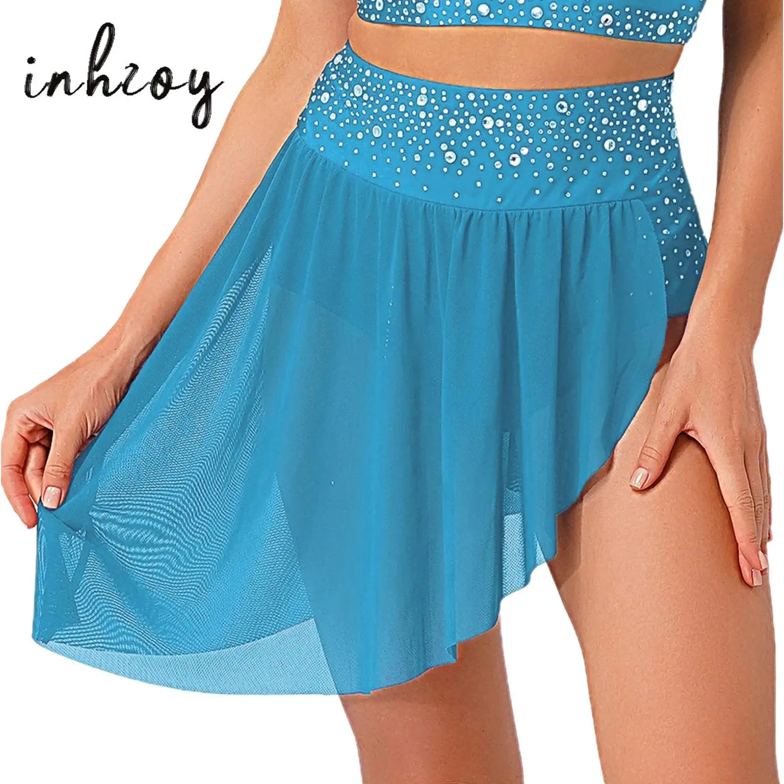 

Womens Lyrical Dance Skirt High Waist with Rhinestone Irregular Mesh Hem One-piece Briefs Skirt Flowy Dancewear for Class Stage