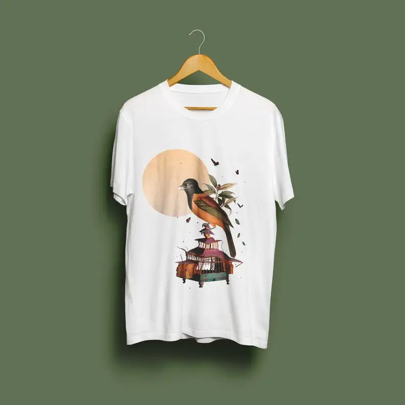 

Graphic, original, colorful shirt with a cute bird illustration and a message about freedom.