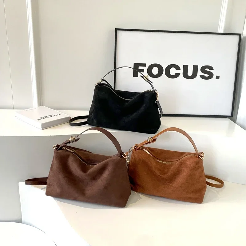 Moda fermuar süet sadelik omuz ve Crossbody çanta katı yüksek kaliteli çanta kadınlar için 2024 klasik çok yönlü