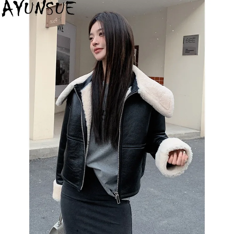 

AYUNSUE Real Leather&fur Coat Woman Black Winter Fur Jacket Short Tops for Woman New in Outerwears Woman Clothes Vêtement Femme