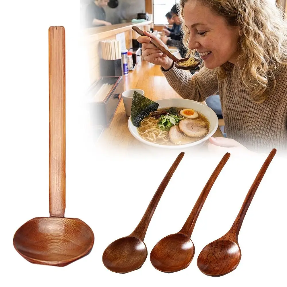 New Big Strainer Long-Handled Spoon Wood Handle Anti-scald Wooden Spoon Durable Ramen Spoon Japanese Tableware