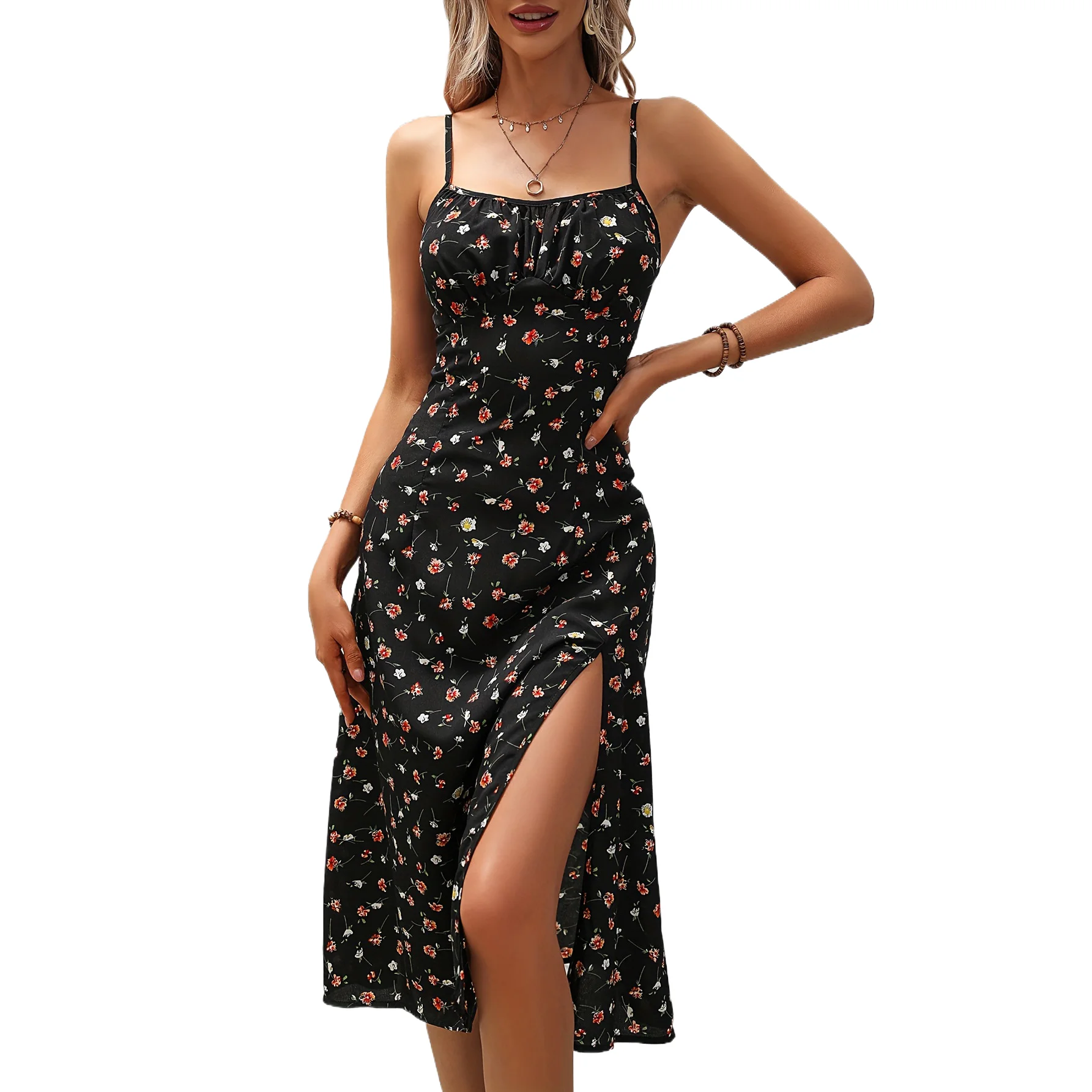 

Flower Print Spaghetti Strap Dresses Women Spring Summer New Backless Bodycon Sleeveless Slit Dress Lady Vacation Style Vestidos