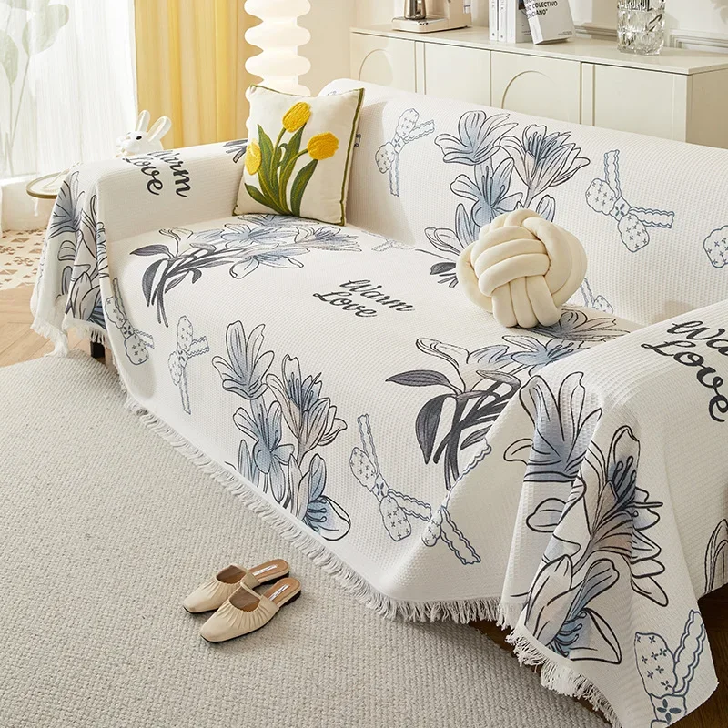 Soft Simple Printed Sofa Towel Skin-Friendly All-Inclusive Couch Covers with Tassels Anti-Scratch Home Textile for Living Room