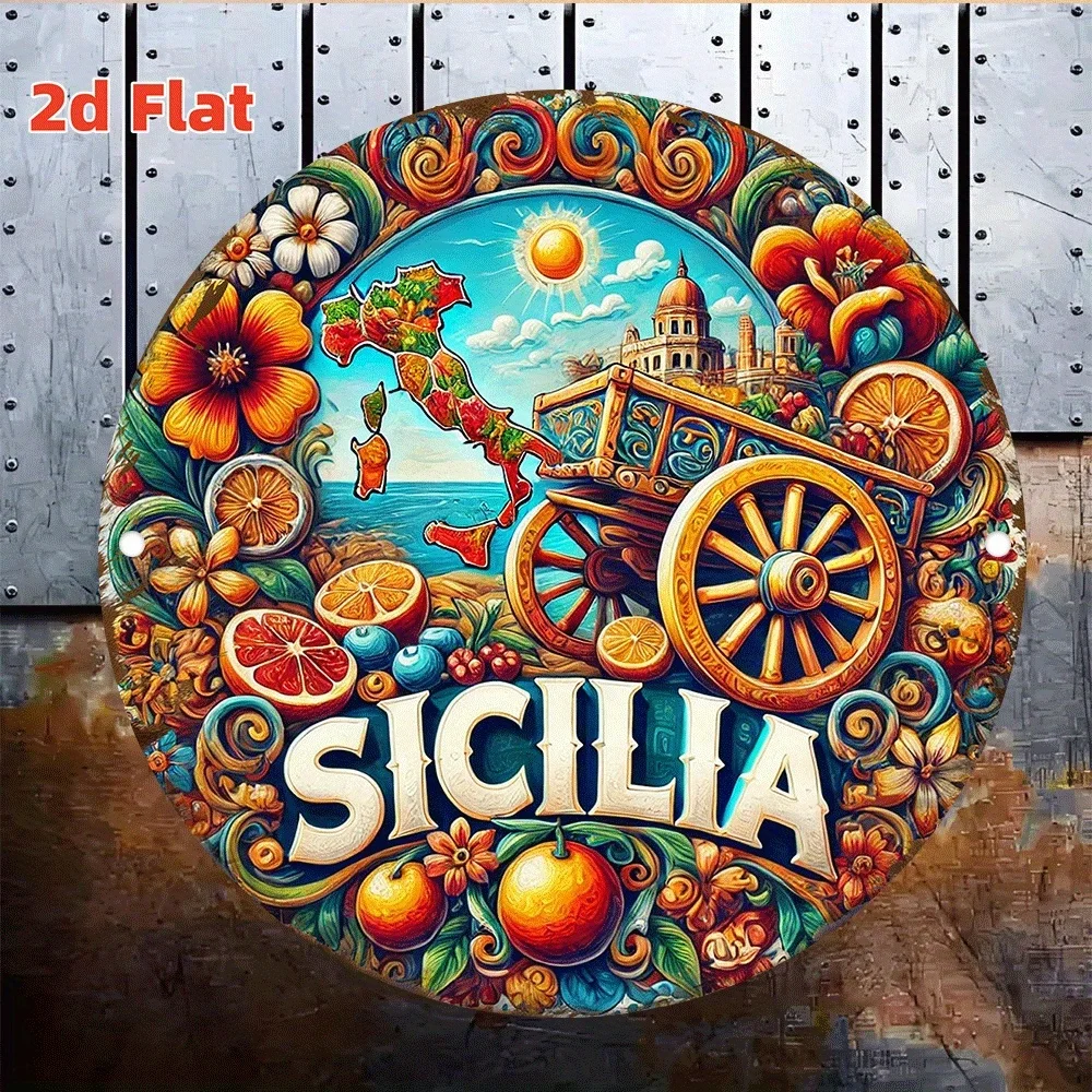 2D Flat Metal Sign Featuring Vintage Scenery from Sicily, Showcasing Vibrant Decor with a Sicilian Cart, And Landmarks