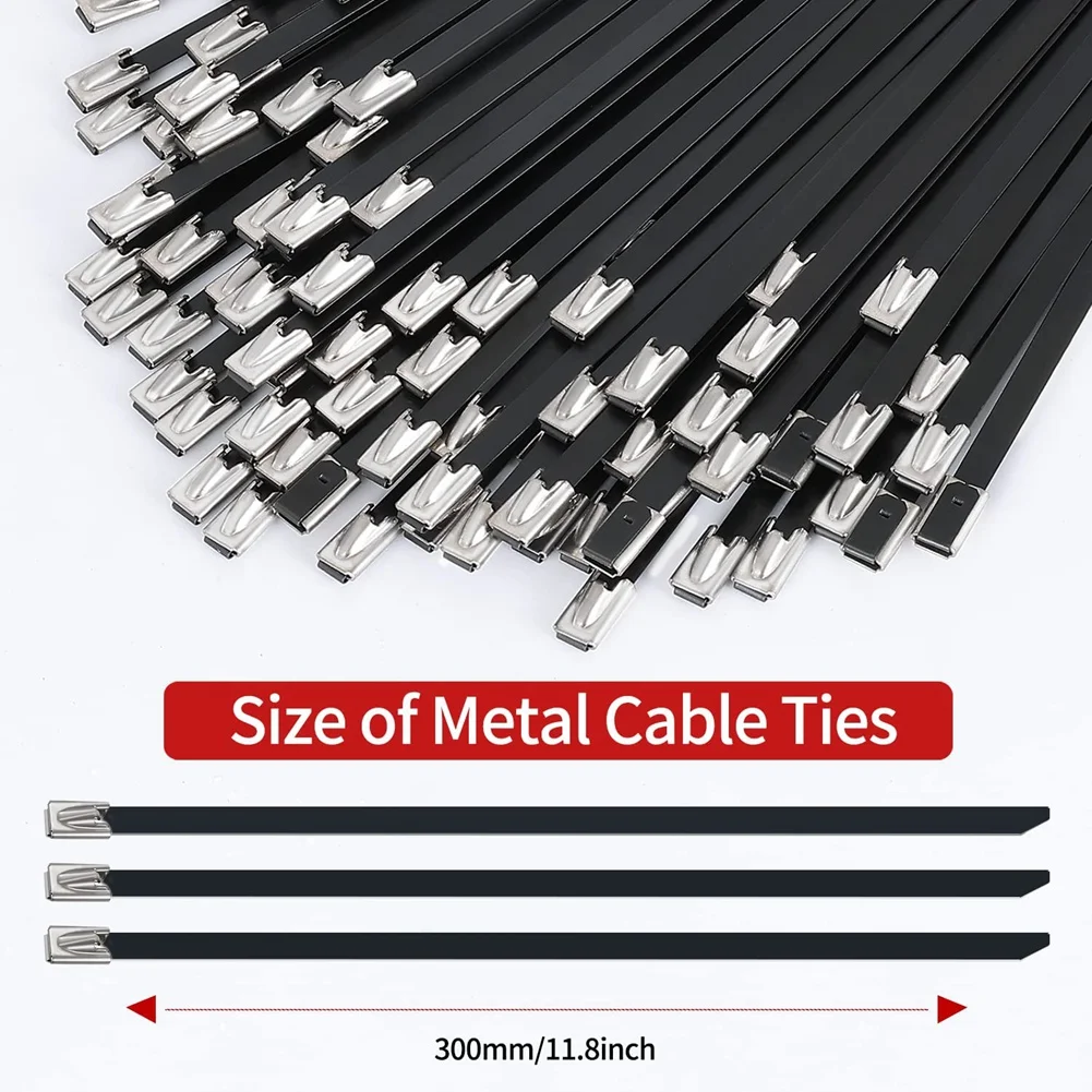 

Metal Zip Ties Black 100Pcs 11.8 Inch 304 Stainless Steel Epoxy Coated Cable Tie for Machinery, Vehicles, Farms, Cables