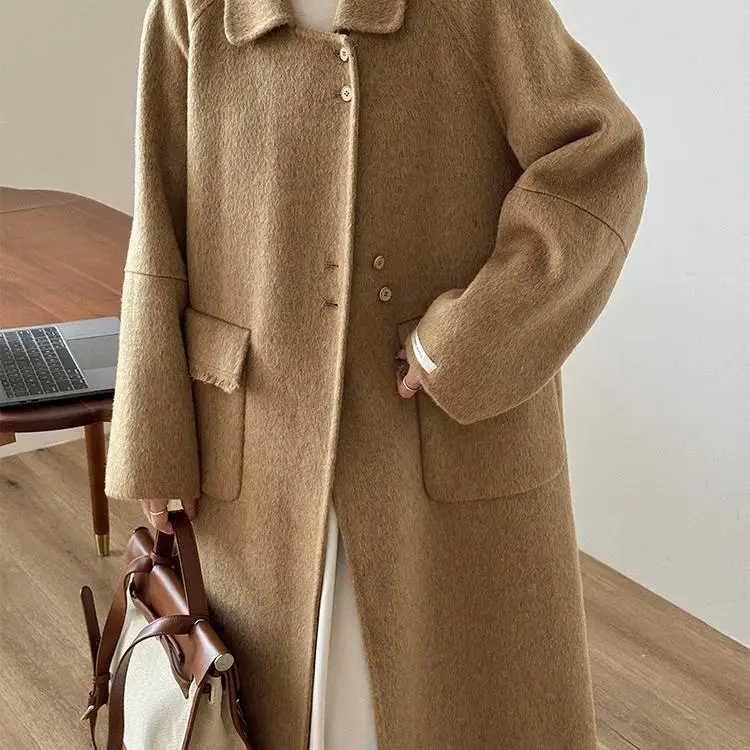 2024 Autumn/Winter New Korean Doll Neck Double sided Cashmere Coat for Women, Medium and Long, Simple and Fashionable Woolen