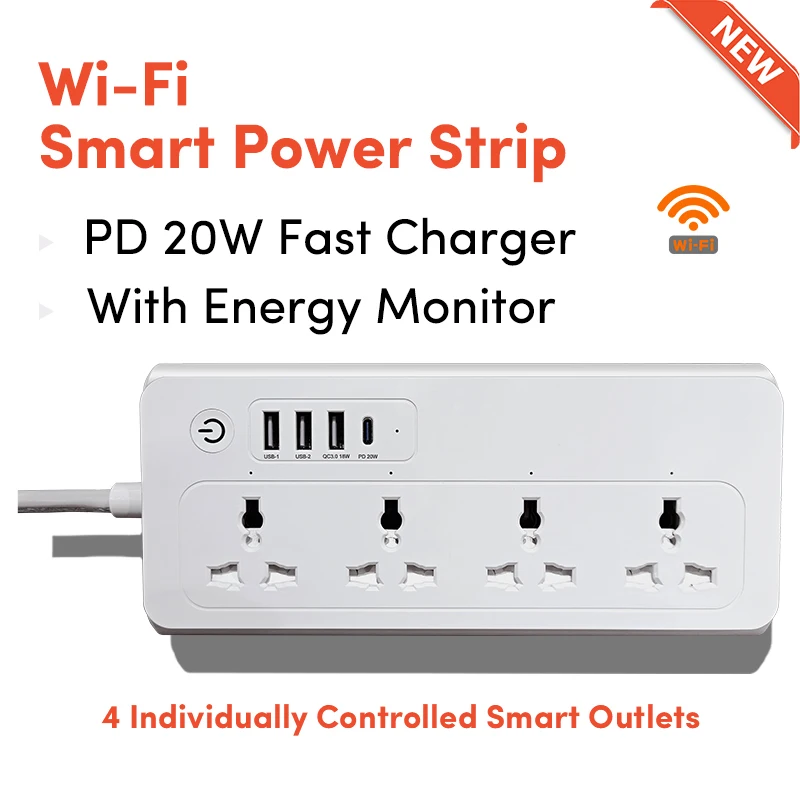 

Universal Smart Socket Power Monitors Timer Voice Control with 4 Socket Individually Controllable, Work Alexa Google Home