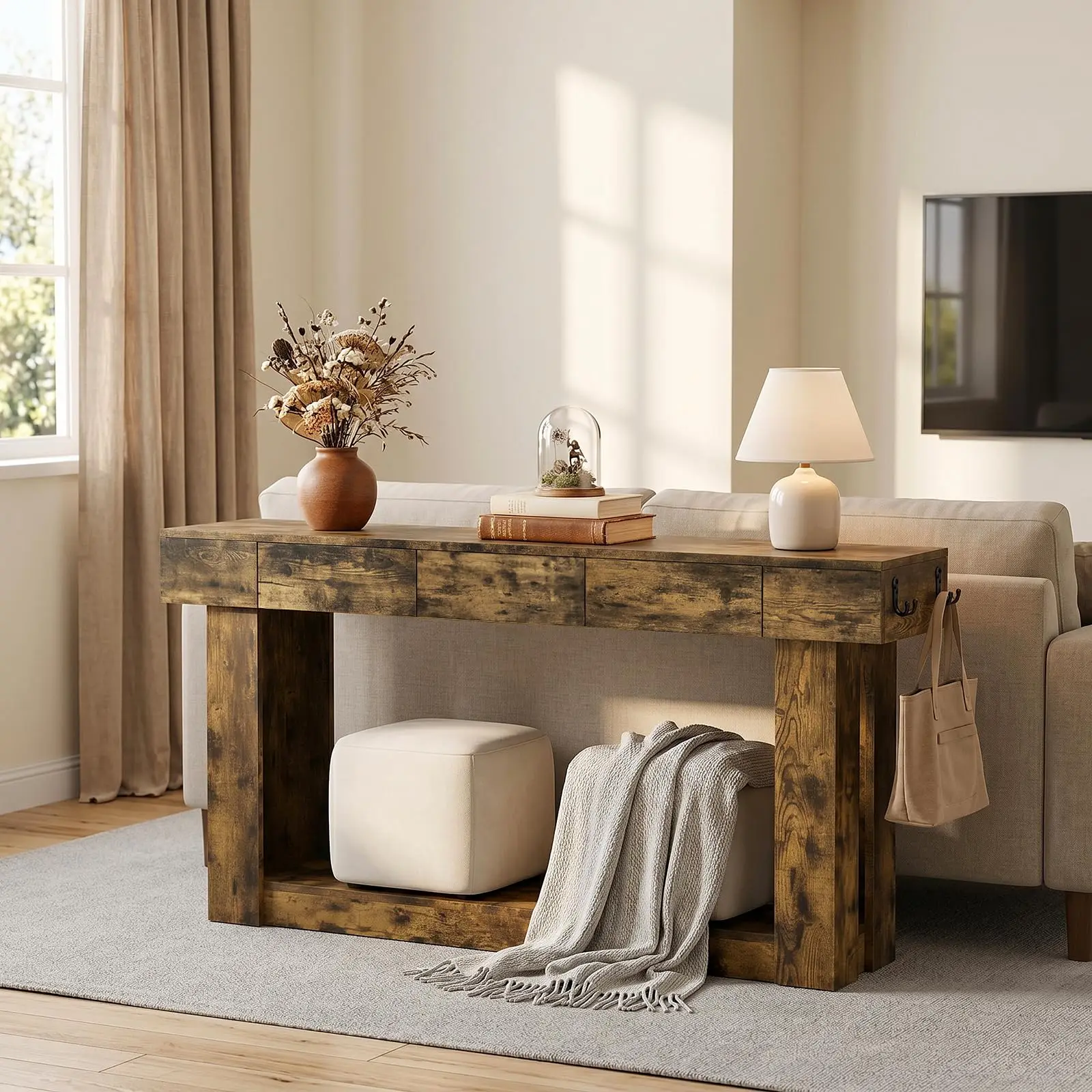 63'' Console Table with 3 Drawers and Open Storage, Entryway Table with Socket, LED Light and Hooks, Narrow Long Wood