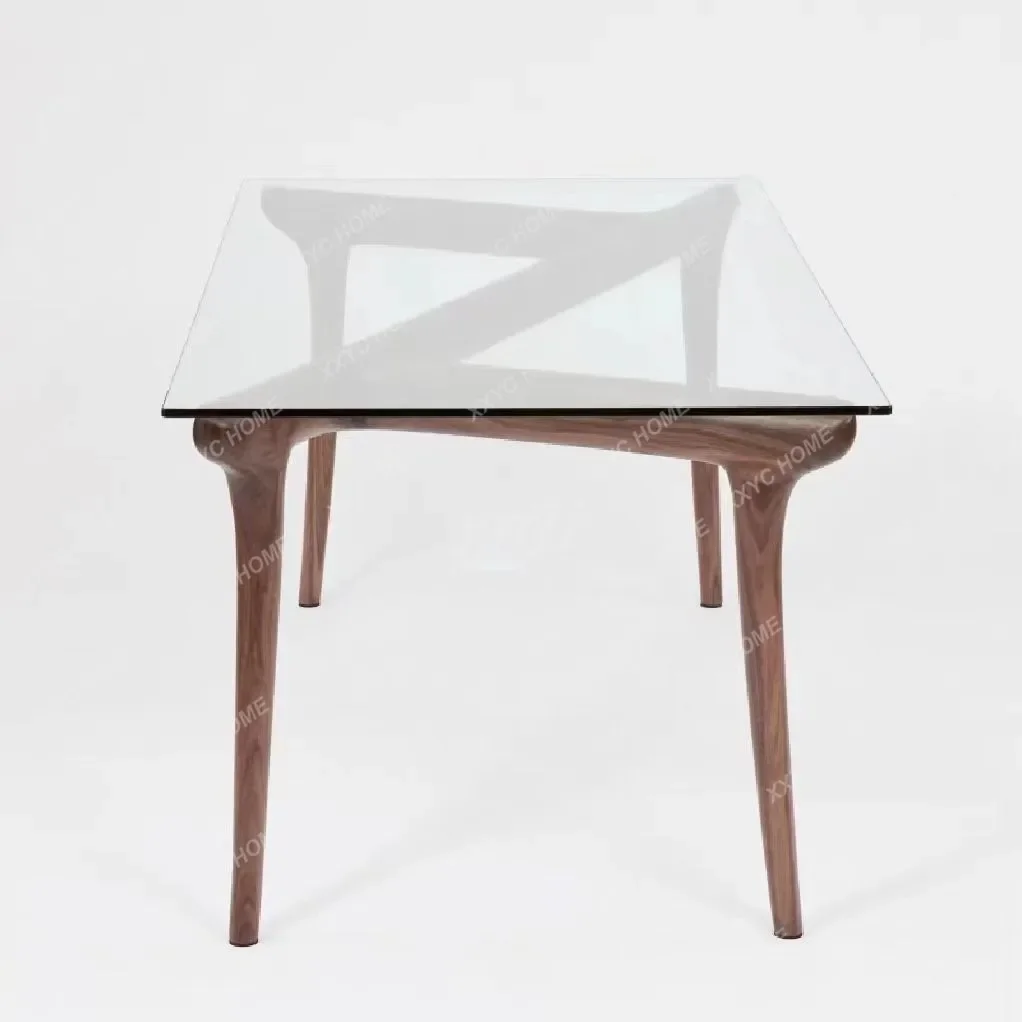 AABlack Walnut Log Dining Table Modern Retro New Chinese Style Simple Creative Solid Wood Tempered Glass Countertop