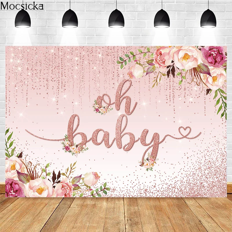 Mocsicka Baby Shower Background Sparkling Rose Gold Floral Decoration Newborn Portrait Photo Backdrop Studio Photography Props