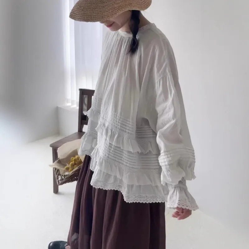 

Новая женская рубашка Johnature в французском стиле с кружевной отделкой и пэчворком, повседневная простая рубашка с длинными рукавами, свободного кроя, весна-лето, новые блузки