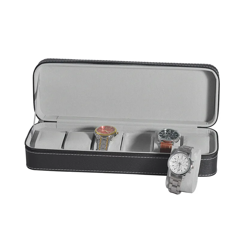 Zíper caixa de relógio à prova de poeira 6/10/12 slot couro do plutônio escudo preto portátil masculino e feminino jóias relógio armazenamento atacado