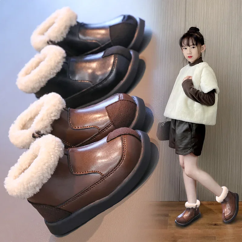 Children's Boots Plush Insulation Girls' Princess Boots 2024 Winter Warm New Fashion Patchwork Children's Cotton Short Boots