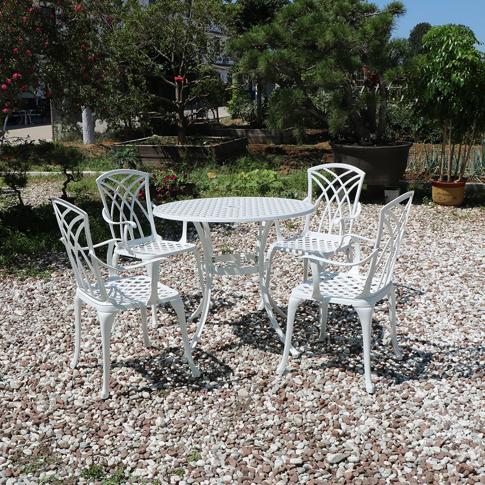 

5-piece cast aluminum patio dining set 85cm round table high-back arm 4 chairs K/D grid pattern outdoor furniture good quality