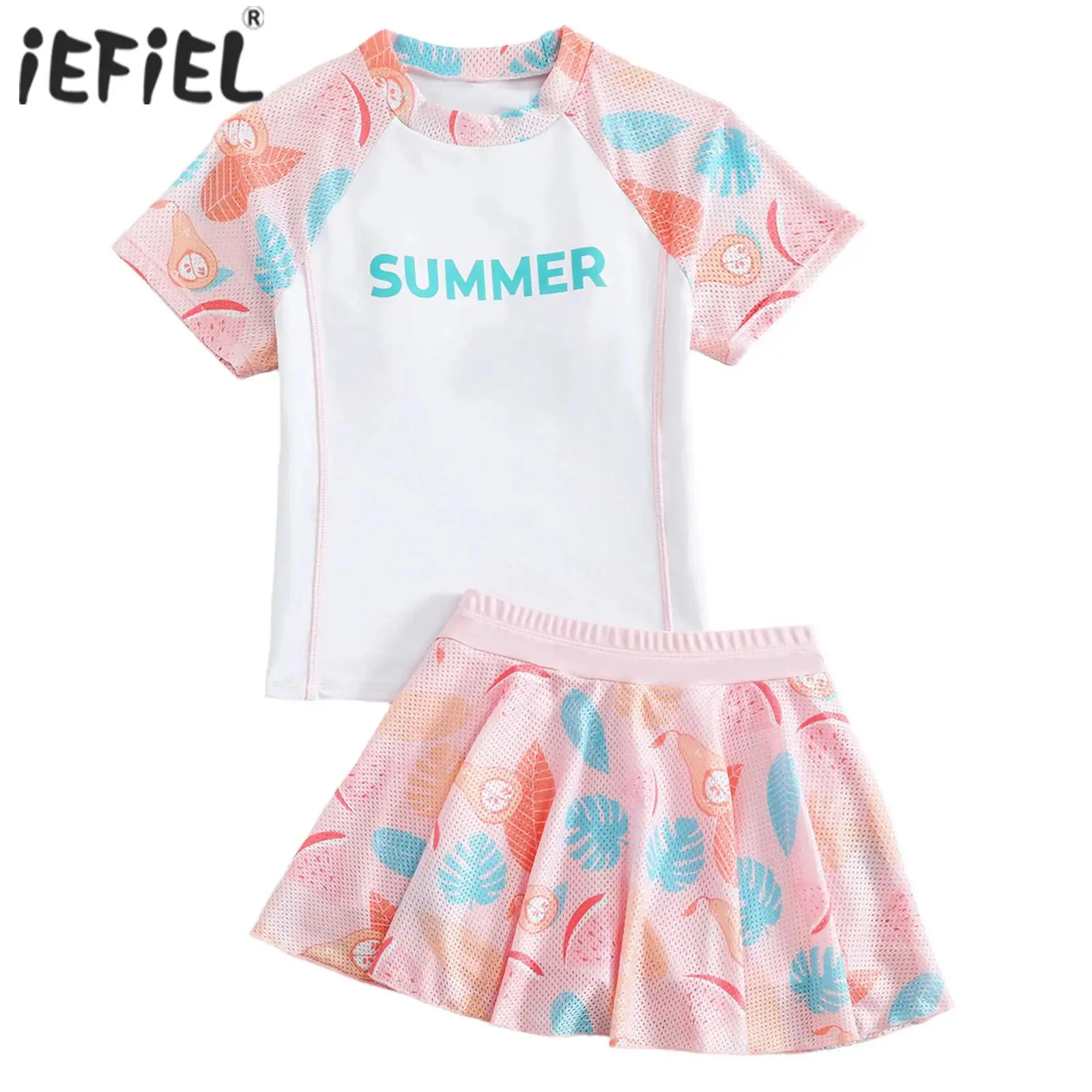 

Kids Girls Breathable Swimsuit Two-piece Set Short Sleeve Round Collar Letter Printed Tops with Elastic Waistband Skirt Sets