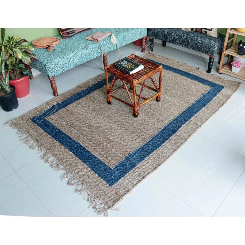 

Indian Hemp Jute Rug & Blue Border Jute Rug Fringes Jute Rug Vintage Large Carpet