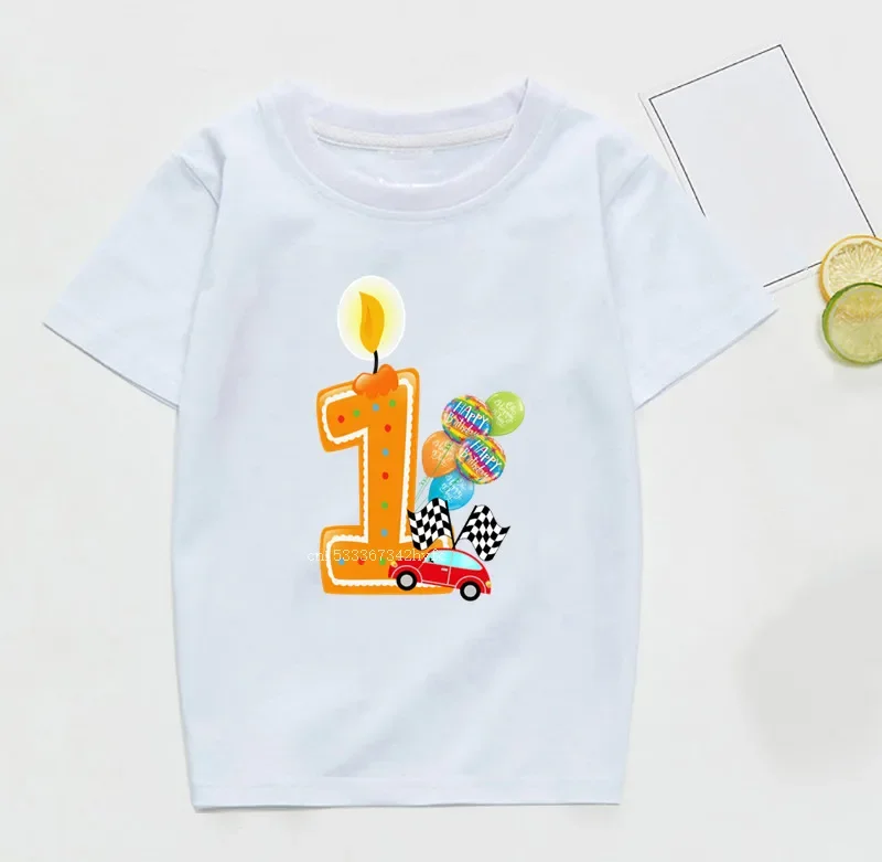 Boys Car Birthday Number Cartoon T Shirt Children Happy Birthday Candle Number Present T-shirt Boy&Girl Funny Gift Kid Tshirt