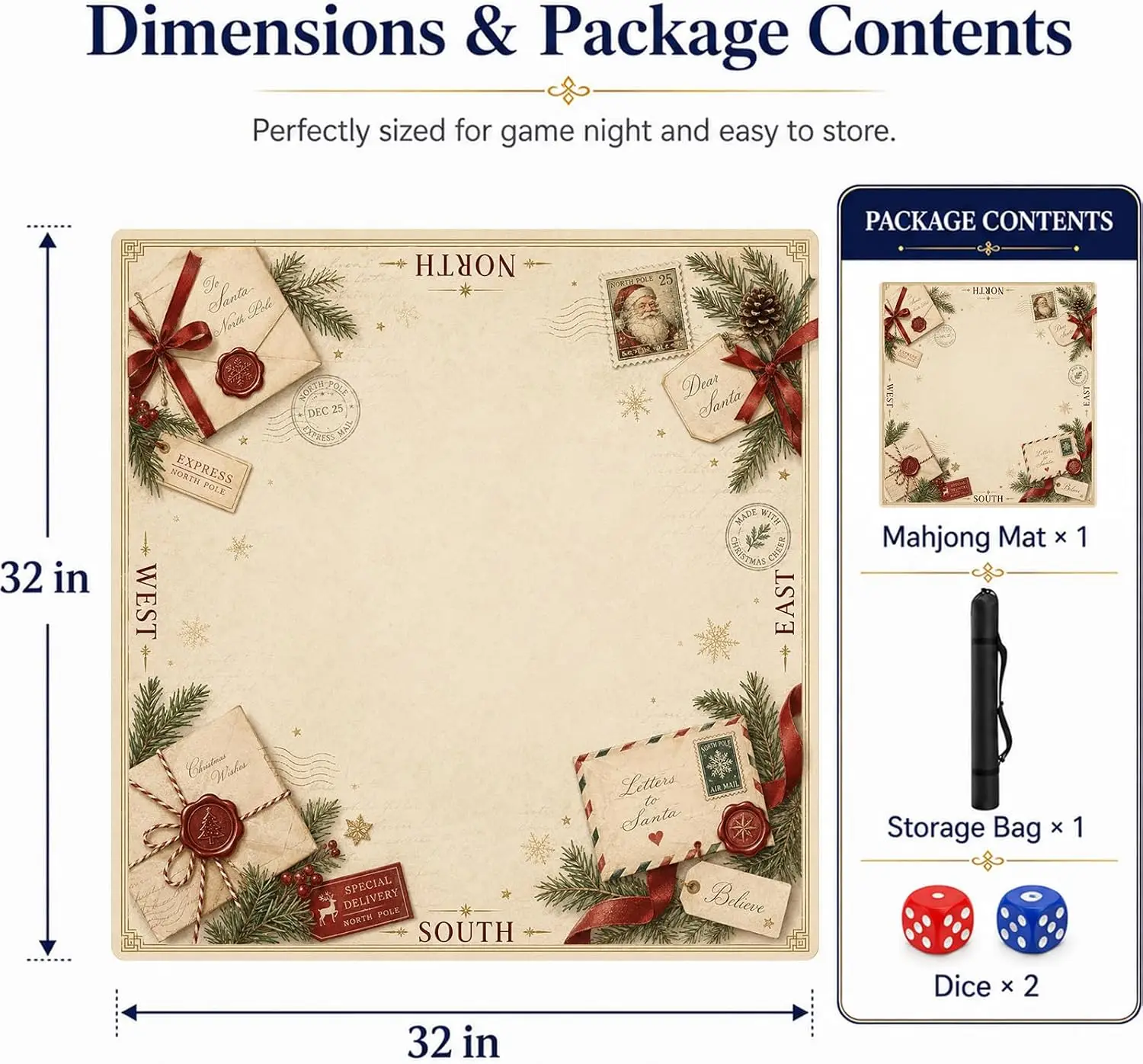 Vintage Christmas Letter American Mahjong Mat Soft Neoprene Cushion Non‑Slip Quiet Tile Play Table Protection Portable Storage G