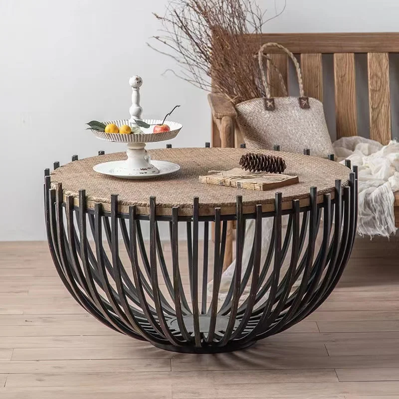 American vintage rattan woven round coffee table creative small round table with iron base sofa side table for living room